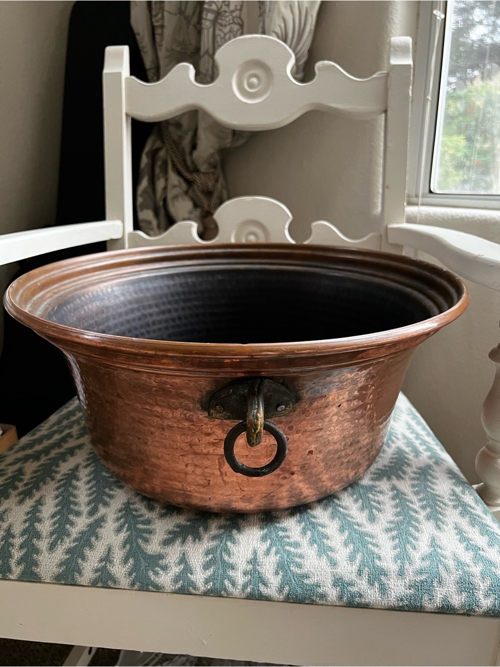 Antique Large European Hammered Copper Pot Bowl with Ring Handle.